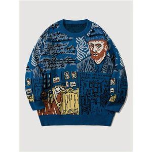 Painting Pattern Sweater Men's Casual Warm Mid Stretch Crew Neck